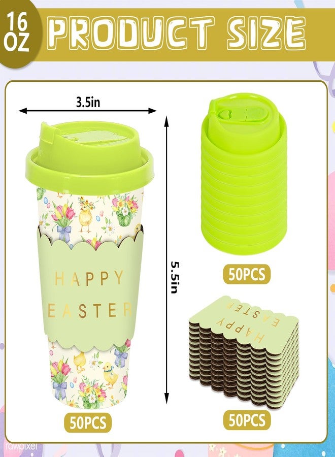 JarThenaAMCS 50 Set Easter Disposable Coffee Cups with Lids Gold Foil Sleeves Paper Cup Green Yellow Chick Duck Floral Drinking Cups for Easter Spring Party Supplies - Image 2